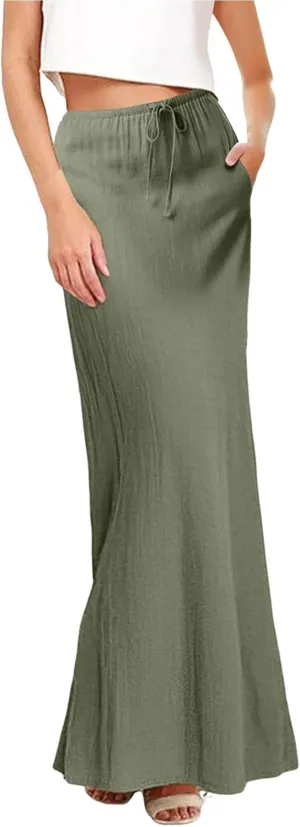 Linen Maxi Skirts for Women Summer Spring Flowy Drawstring Waist A Line Skirt Boho Vacation Casual Cute Long Dress