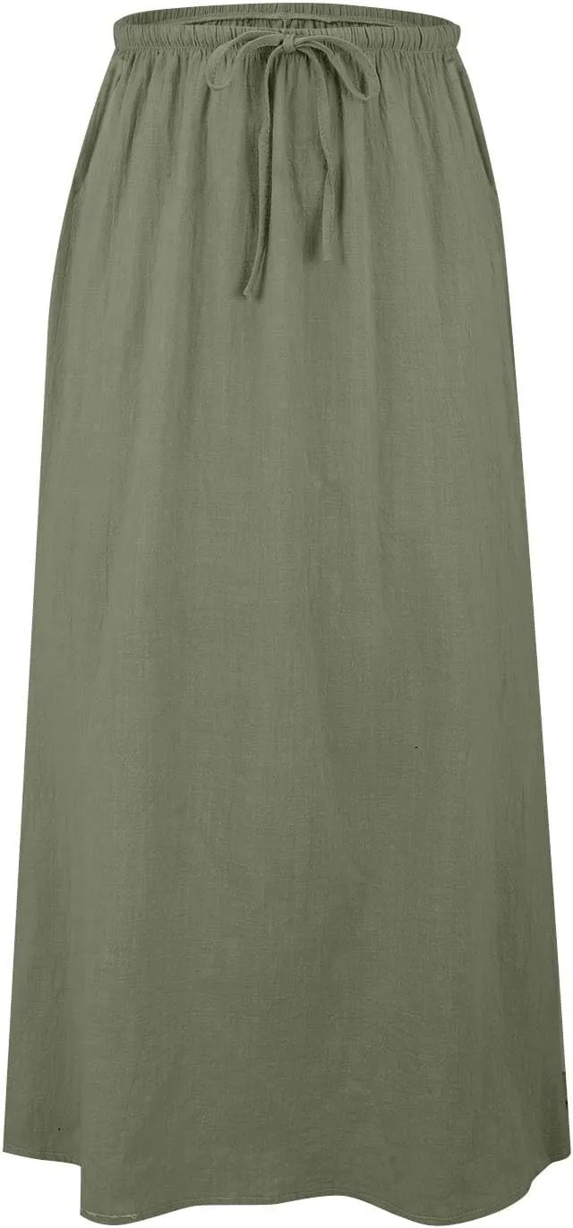 Linen Maxi Skirts for Women Summer Spring Flowy Drawstring Waist A Line Skirt Boho Vacation Casual Cute Long Dress
