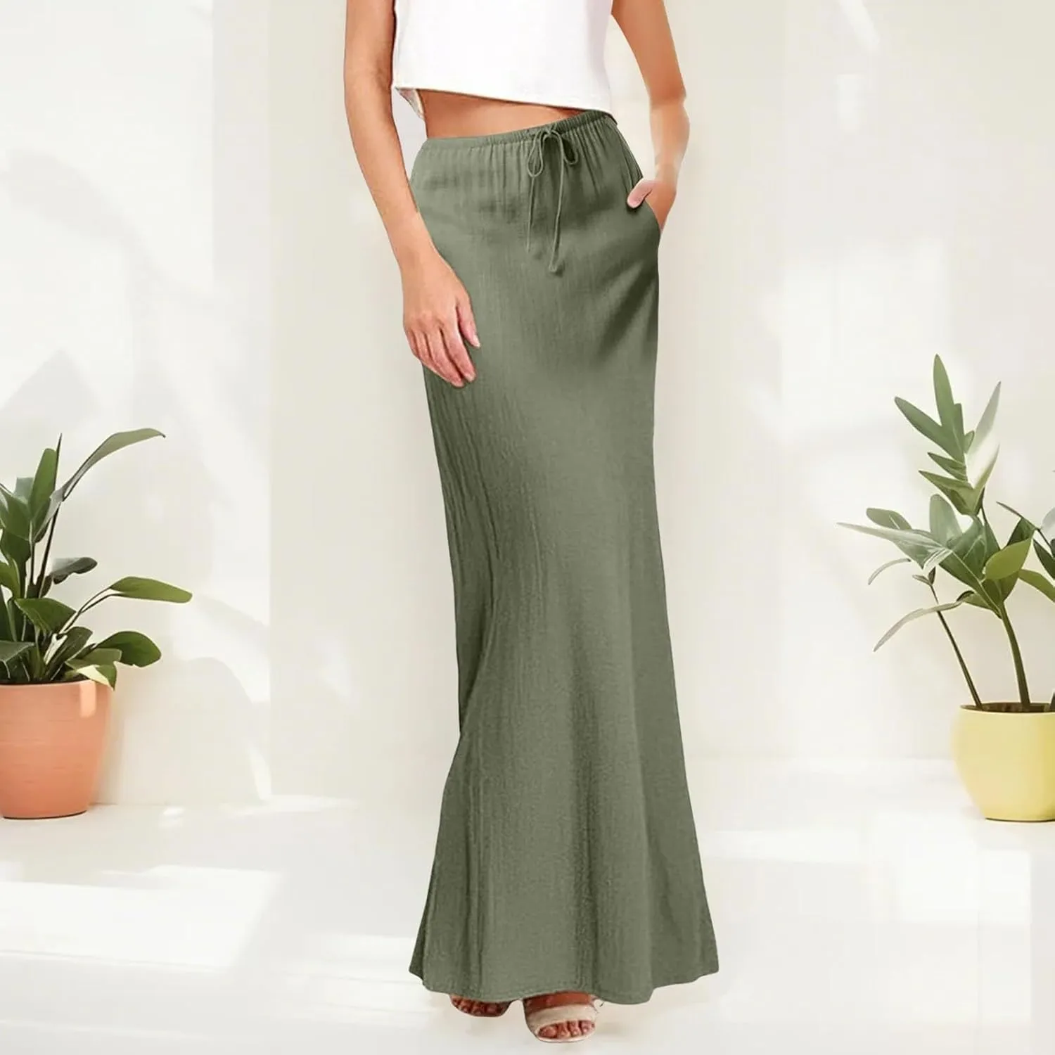 Linen Maxi Skirts for Women Summer Spring Flowy Drawstring Waist A Line Skirt Boho Vacation Casual Cute Long Dress