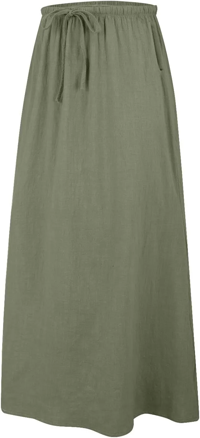 Linen Maxi Skirts for Women Summer Spring Flowy Drawstring Waist A Line Skirt Boho Vacation Casual Cute Long Dress