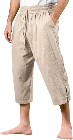 Linen Pants for Men Elastic Waist Drawstring Straight Leg Pants Casual Summer Beach Trousers Multi Pockets