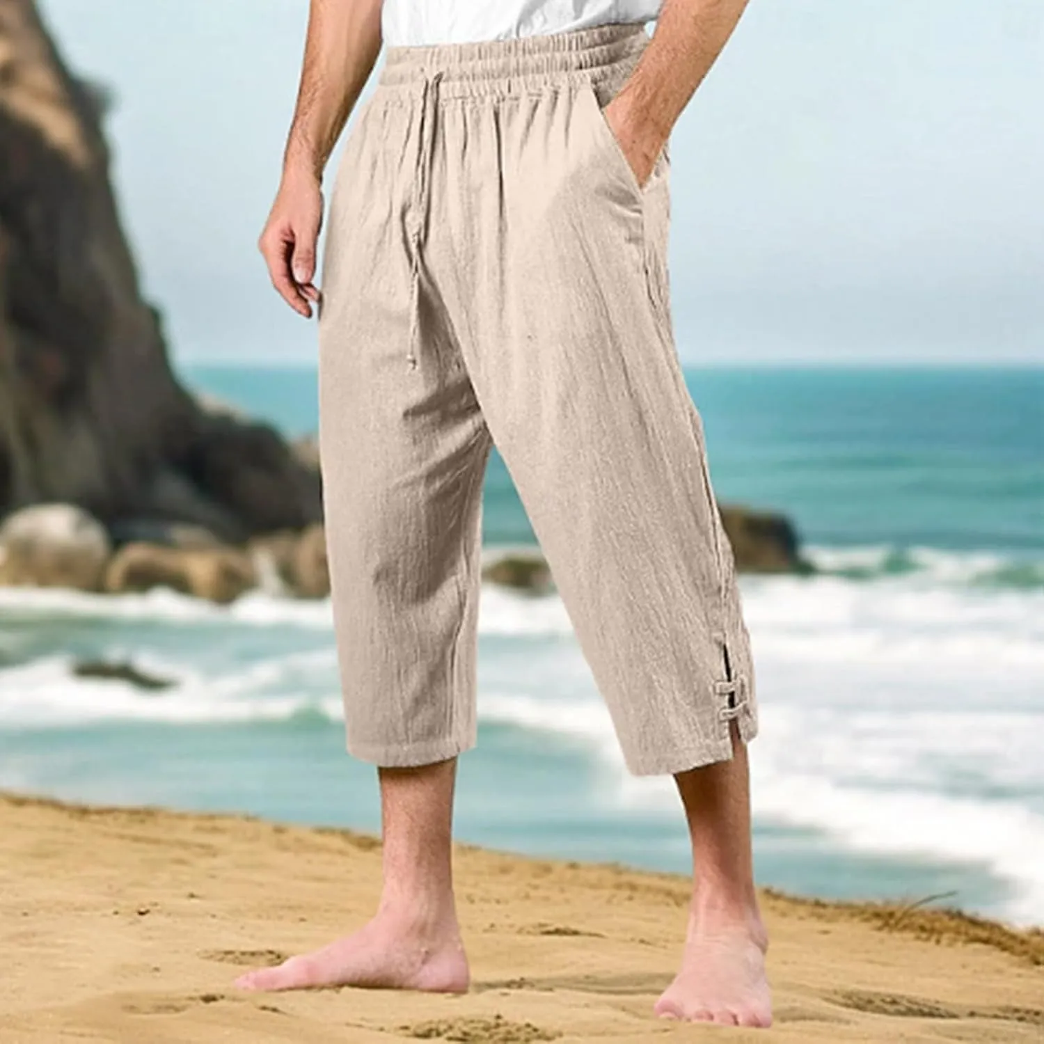 Linen Pants for Men Elastic Waist Drawstring Straight Leg Pants Casual Summer Beach Trousers Multi Pockets
