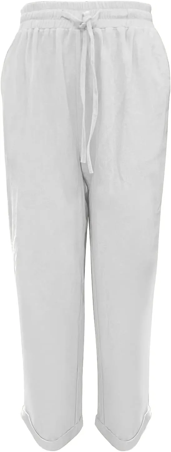Linen Pants Women Drawstring Waist Elastic Cuffed Everyday Week Pants Lightweight Casual Summer Beach Yoga Trousers