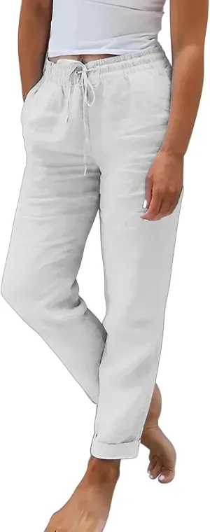 Linen Pants Women Drawstring Waist Elastic Cuffed Everyday Week Pants Lightweight Casual Summer Beach Yoga Trousers