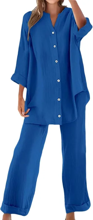Linen Sets for Women Summer Lightweight Lapel Button Down Long Sleeve Shirts Wide Leg Pant 2 Piece Outfits Tracksuit