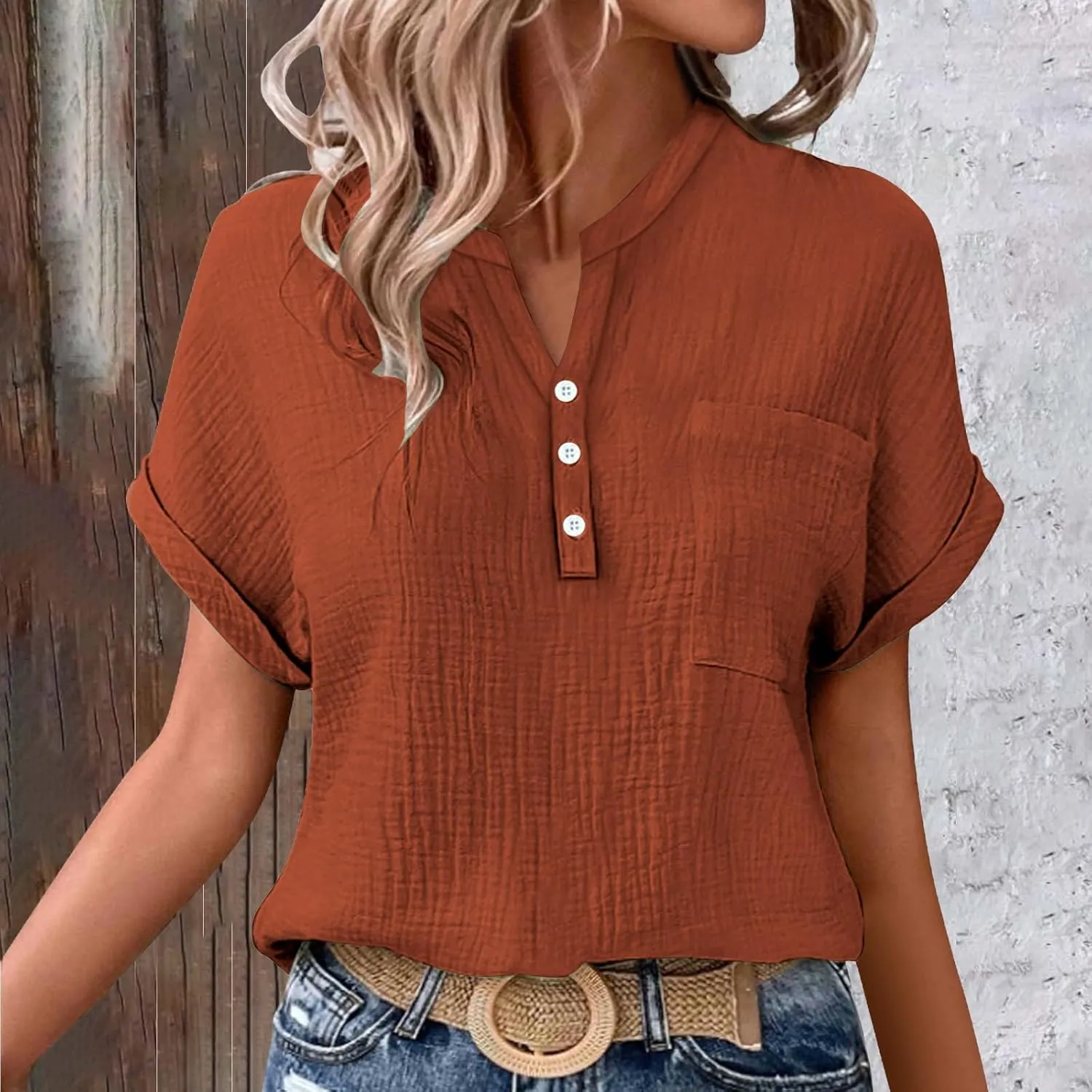 Linen Shirts for Women Cotton Linen Tops Rolled Cuffed Short Sleeve Blouse Ladies Summer Casual V Neck Beach Tops