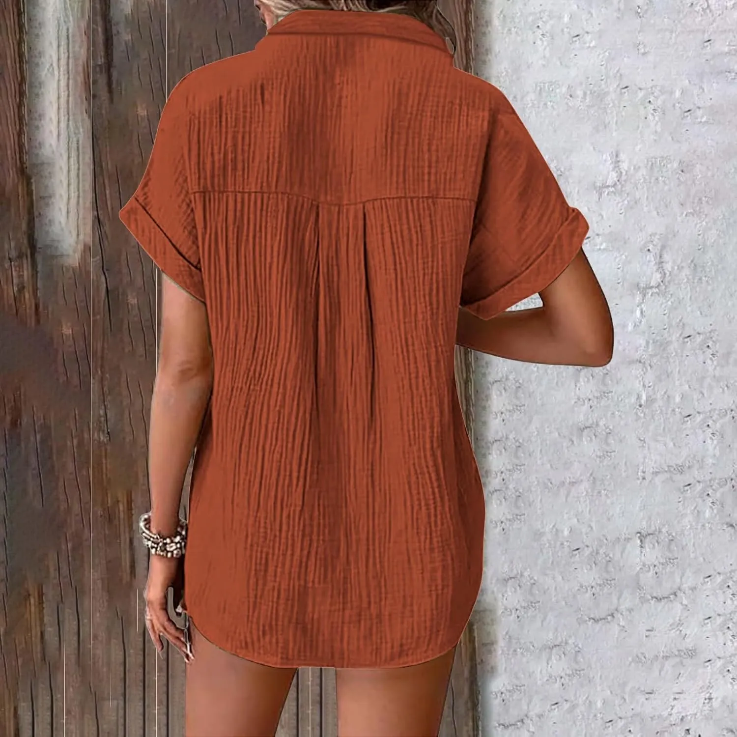 Linen Shirts for Women Cotton Linen Tops Rolled Cuffed Short Sleeve Blouse Ladies Summer Casual V Neck Beach Tops