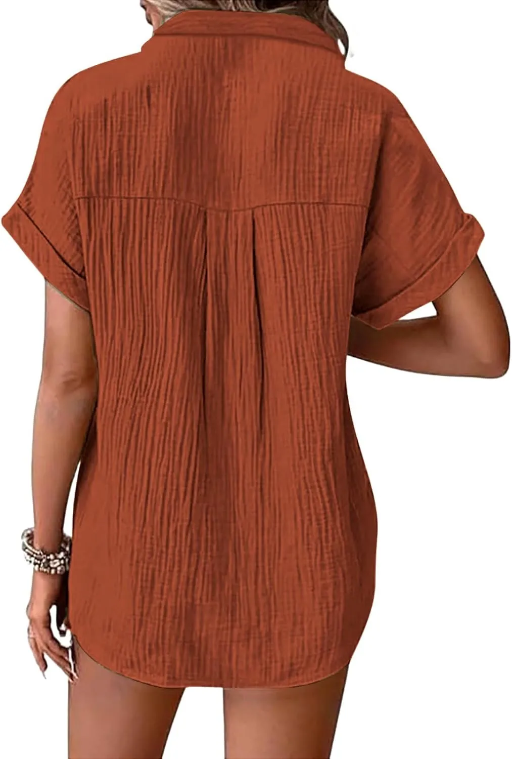 Linen Shirts for Women Cotton Linen Tops Rolled Cuffed Short Sleeve Blouse Ladies Summer Casual V Neck Beach Tops