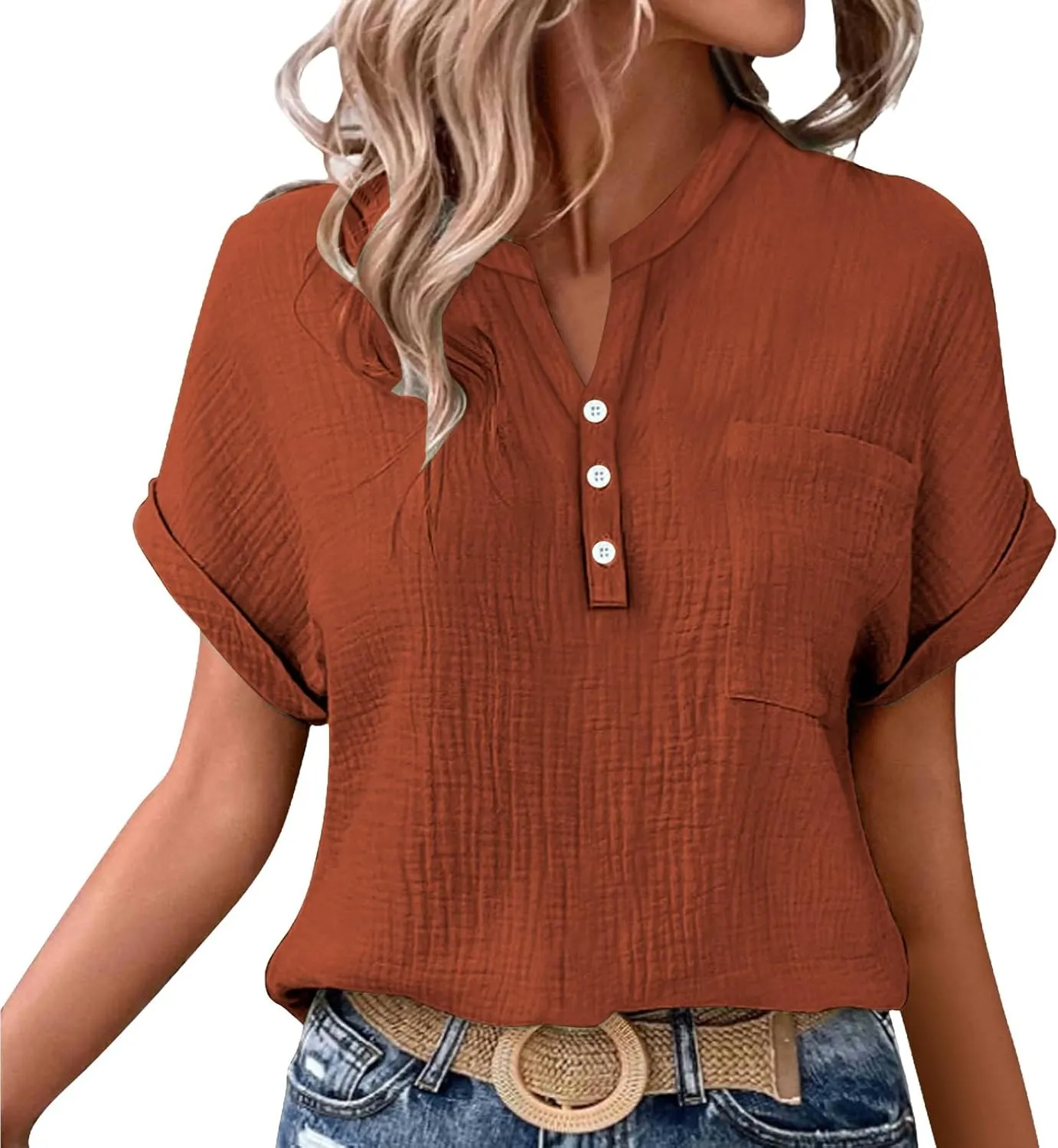 Linen Shirts for Women Cotton Linen Tops Rolled Cuffed Short Sleeve Blouse Ladies Summer Casual V Neck Beach Tops