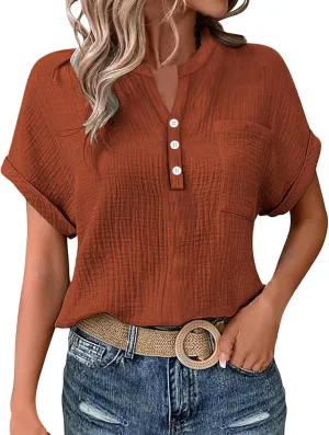 Linen Shirts for Women Cotton Linen Tops Rolled Cuffed Short Sleeve Blouse Ladies Summer Casual V Neck Beach Tops