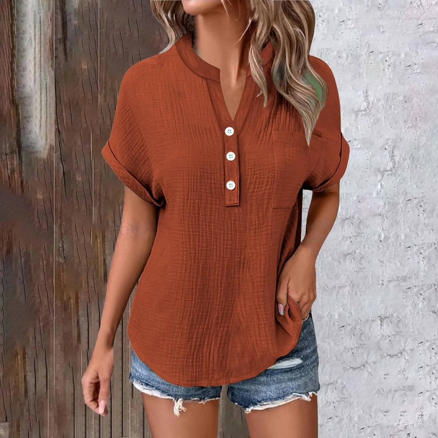 Linen Shirts for Women Cotton Linen Tops Rolled Cuffed Short Sleeve Blouse Ladies Summer Casual V Neck Beach Tops