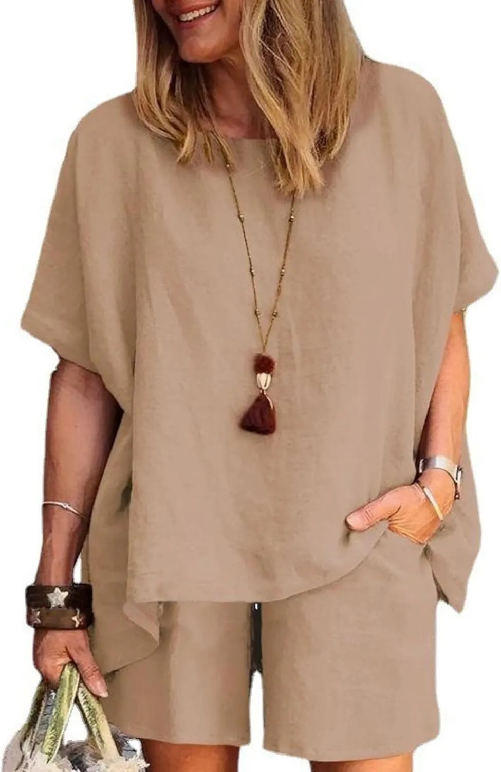 Linen Short Sets for Women 2 Piece Cotton Linen Beach Outfits Crewneck Oversized T-Shirt and Shorts Sets