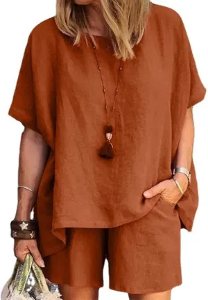 Linen Short Sets for Women 2 Piece Cotton Linen Beach Outfits Crewneck Oversized T-Shirt and Shorts Sets