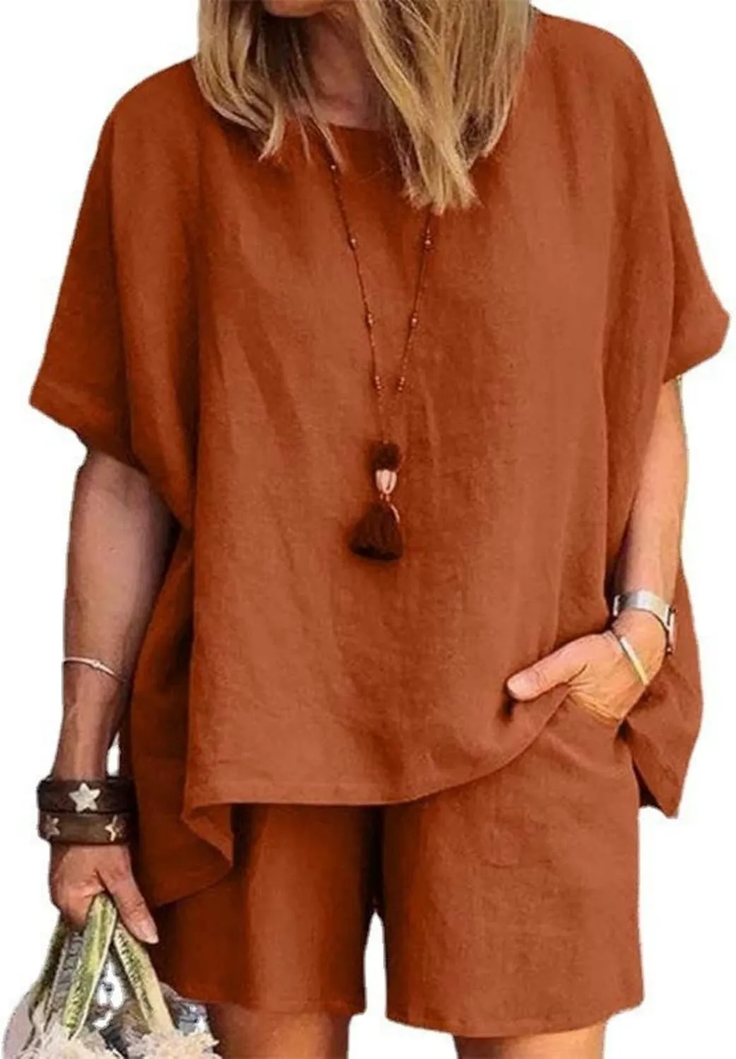 Linen Short Sets for Women 2 Piece Cotton Linen Beach Outfits Crewneck Oversized T-Shirt and Shorts Sets