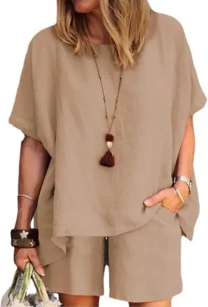 Linen Short Sets for Women 2 Piece Cotton Linen Beach Outfits Crewneck Oversized T-Shirt and Shorts Sets