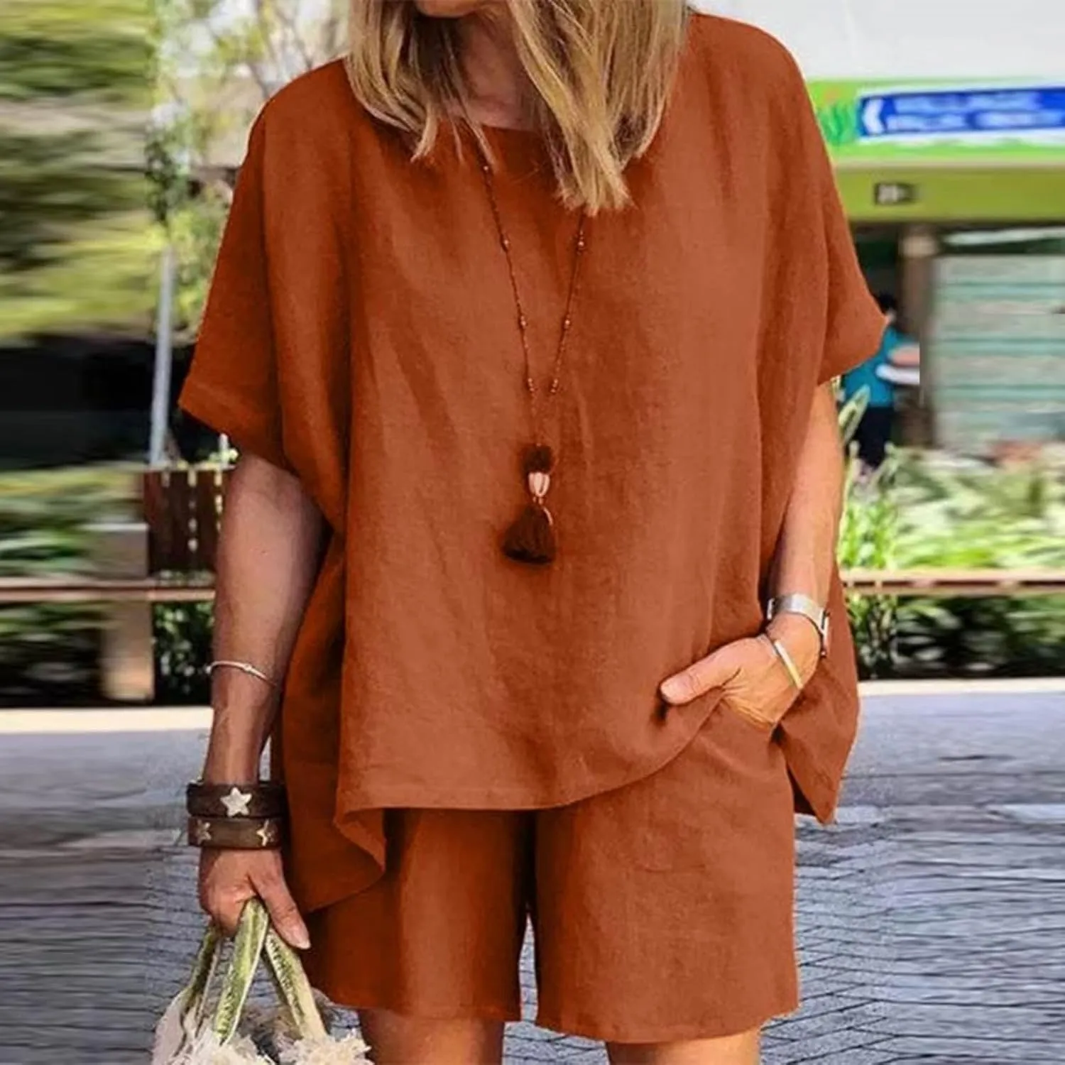 Linen Short Sets for Women 2 Piece Cotton Linen Beach Outfits Crewneck Oversized T-Shirt and Shorts Sets