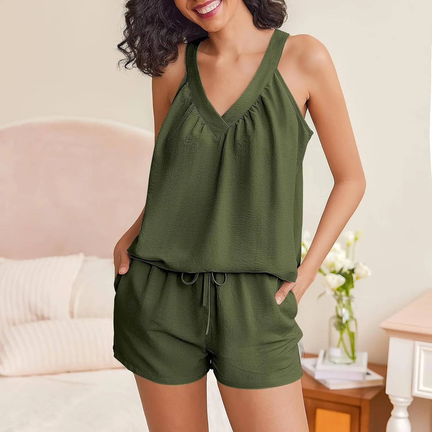 Linen Shorts Sets Women 2Pc Outfits V Neck Halter Top High Waisted Shorts Matching Sets Summer Boho Beach Outfits