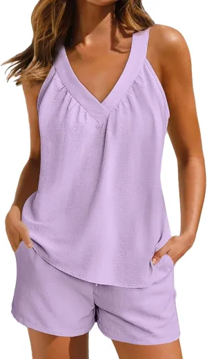 Linen Shorts Sets Women 2Pc Outfits V Neck Halter Top High Waisted Shorts Matching Sets Summer Boho Beach Outfits