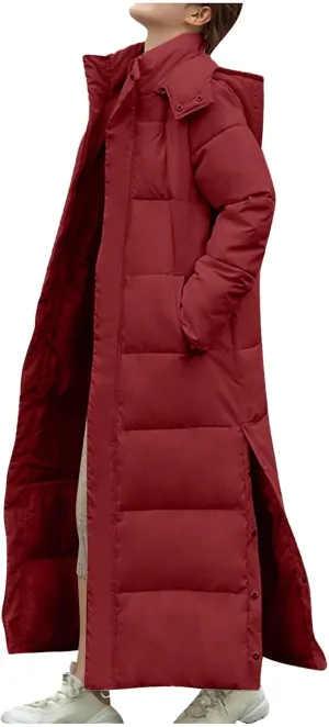 Long Puffer Jacket for Women Side Slit Hooded Puffer Jacket Oversized Zip Up Down Cotton Jacket 2024 Warm Winter Coat