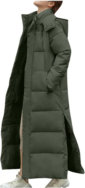 Long Puffer Jacket for Women Side Slit Hooded Puffer Jacket Oversized Zip Up Down Cotton Jacket 2024 Warm Winter Coat