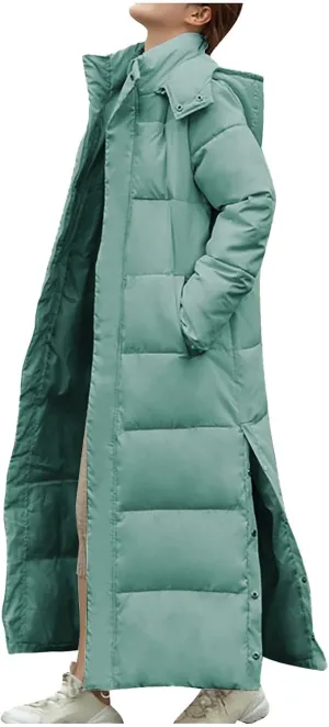 Long Puffer Jacket for Women Side Slit Hooded Puffer Jacket Oversized Zip Up Down Cotton Jacket 2024 Warm Winter Coat
