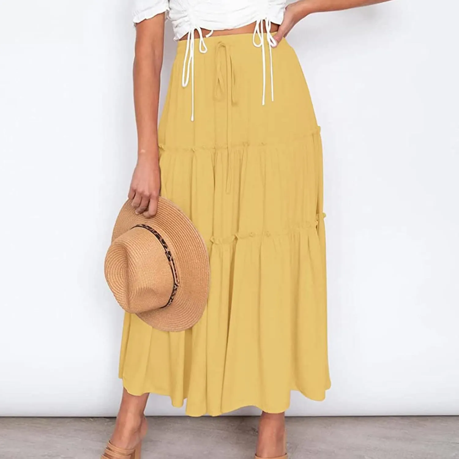 Long Skirts for Women Summer Casual Boho Flowy A Line Elastic Tie Waist Tiered Ruffle Swing Pleated Maxi Skirt Dress