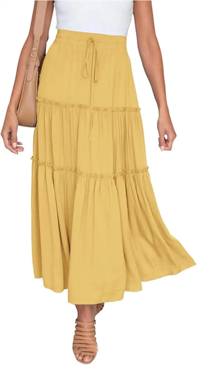 Long Skirts for Women Summer Casual Boho Flowy A Line Elastic Tie Waist Tiered Ruffle Swing Pleated Maxi Skirt Dress