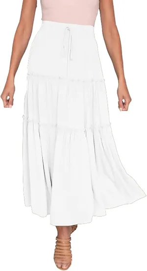 Long Skirts for Women Summer Casual Boho Flowy A Line Elastic Tie Waist Tiered Ruffle Swing Pleated Maxi Skirt Dress