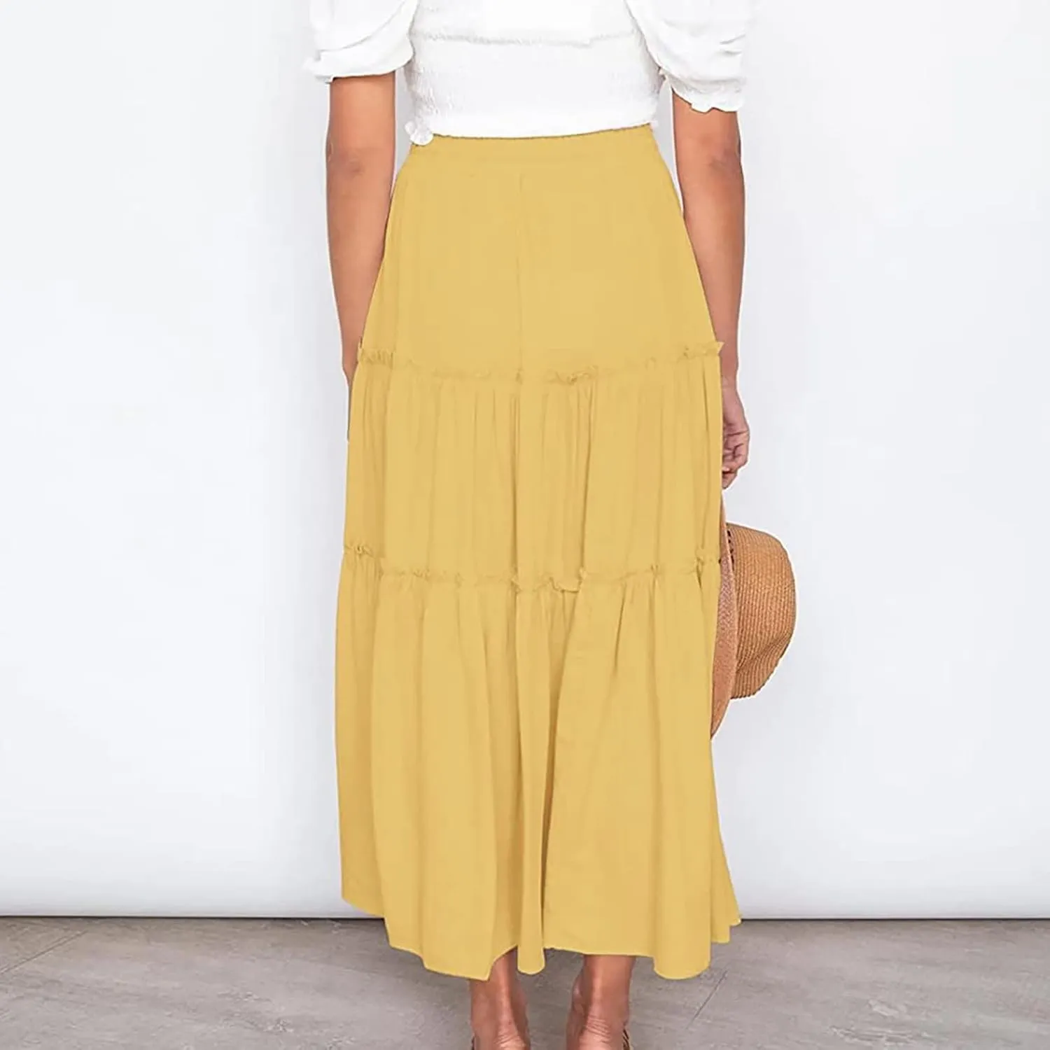 Long Skirts for Women Summer Casual Boho Flowy A Line Elastic Tie Waist Tiered Ruffle Swing Pleated Maxi Skirt Dress