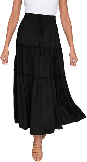 Long Skirts for Women Summer Casual Boho Flowy A Line Elastic Tie Waist Tiered Ruffle Swing Pleated Maxi Skirt Dress