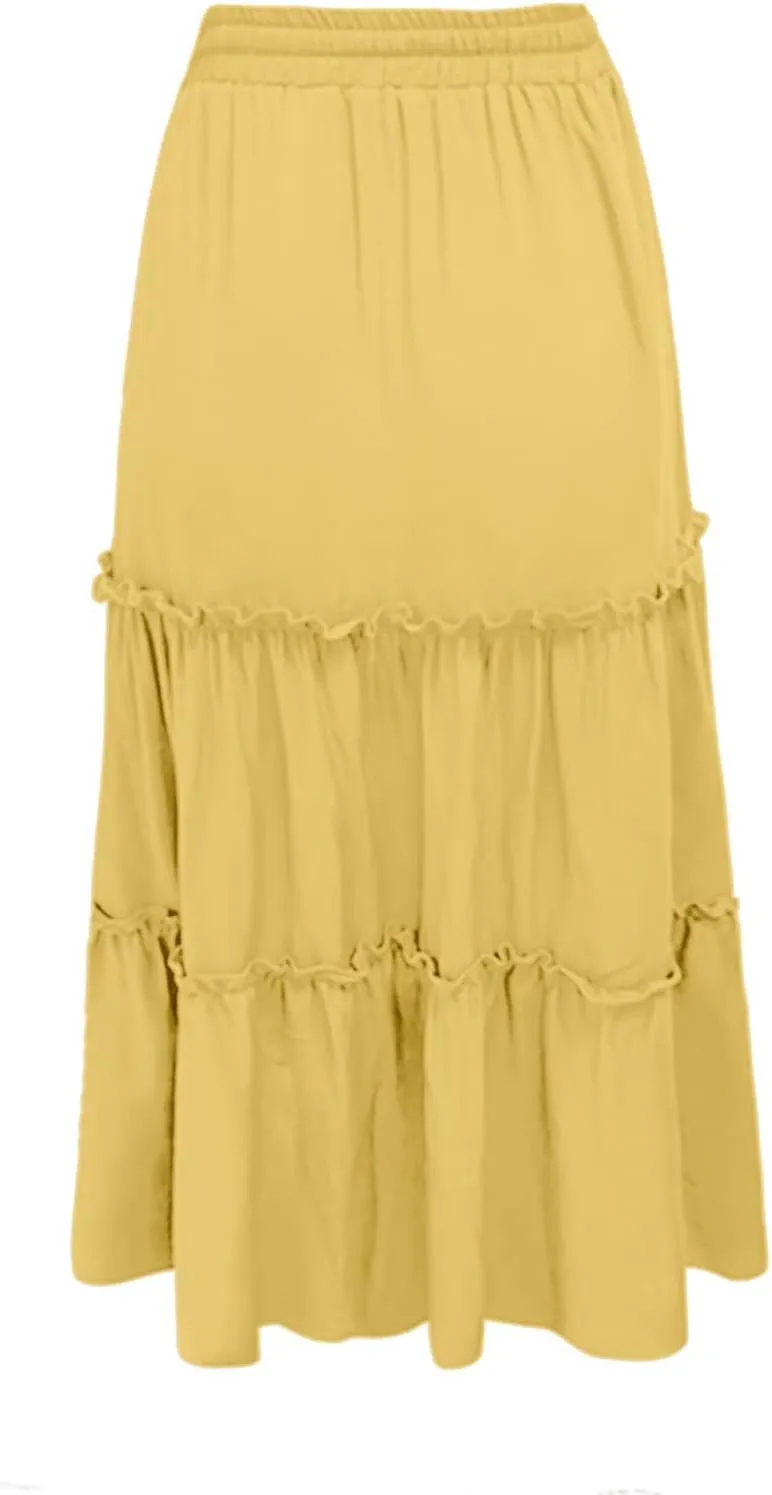 Long Skirts for Women Summer Casual Boho Flowy A Line Elastic Tie Waist Tiered Ruffle Swing Pleated Maxi Skirt Dress