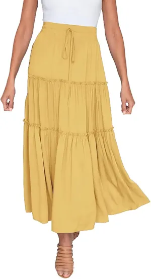 Long Skirts for Women Summer Casual Boho Flowy A Line Elastic Tie Waist Tiered Ruffle Swing Pleated Maxi Skirt Dress