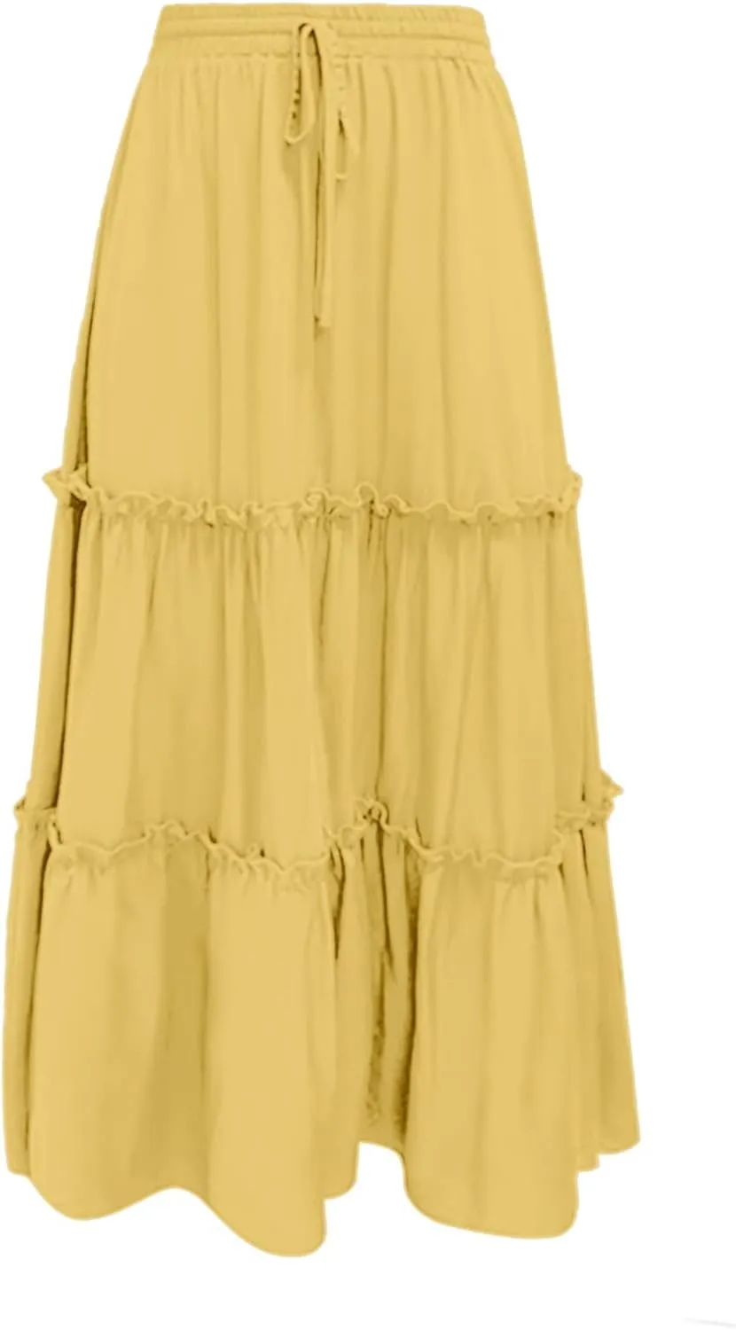 Long Skirts for Women Summer Casual Boho Flowy A Line Elastic Tie Waist Tiered Ruffle Swing Pleated Maxi Skirt Dress