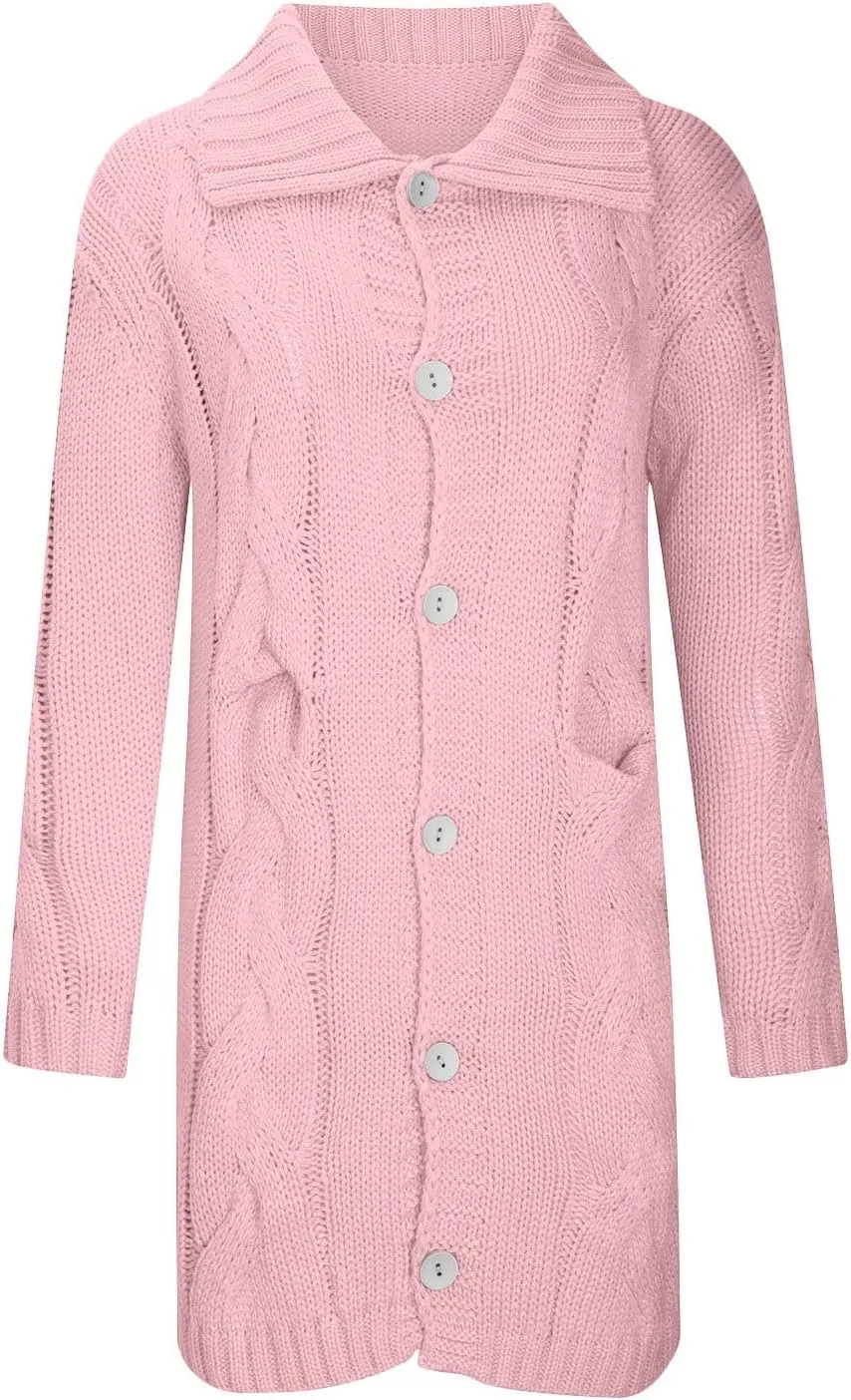 Long Sleeve Cable Knit Long Cardigan for Women 2023 Fall Winter Chunky Open Front Button Sweater with Pockets Outerwear