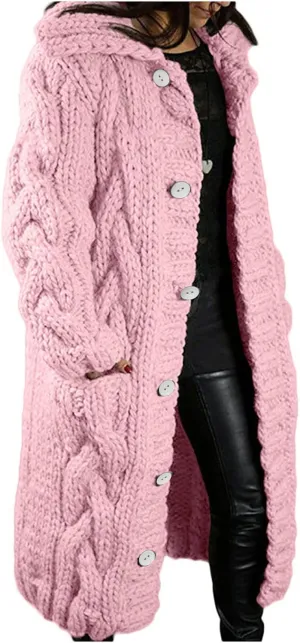 Long Sleeve Cable Knit Long Cardigan for Women 2023 Fall Winter Chunky Open Front Button Sweater with Pockets Outerwear