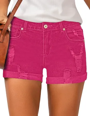 LookbookStore Women Summer High Waisted Sewn Cuffed Hem Buttons Denim Jean Shorts High Rise Womens Jorts Y2K Denim Short Jeans Hot Pink Size M