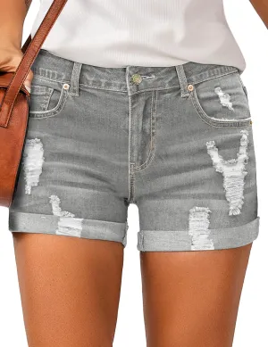LookbookStore Women's High Waisted Rolled Hem Distressed Jeans Ripped Denim Shorts