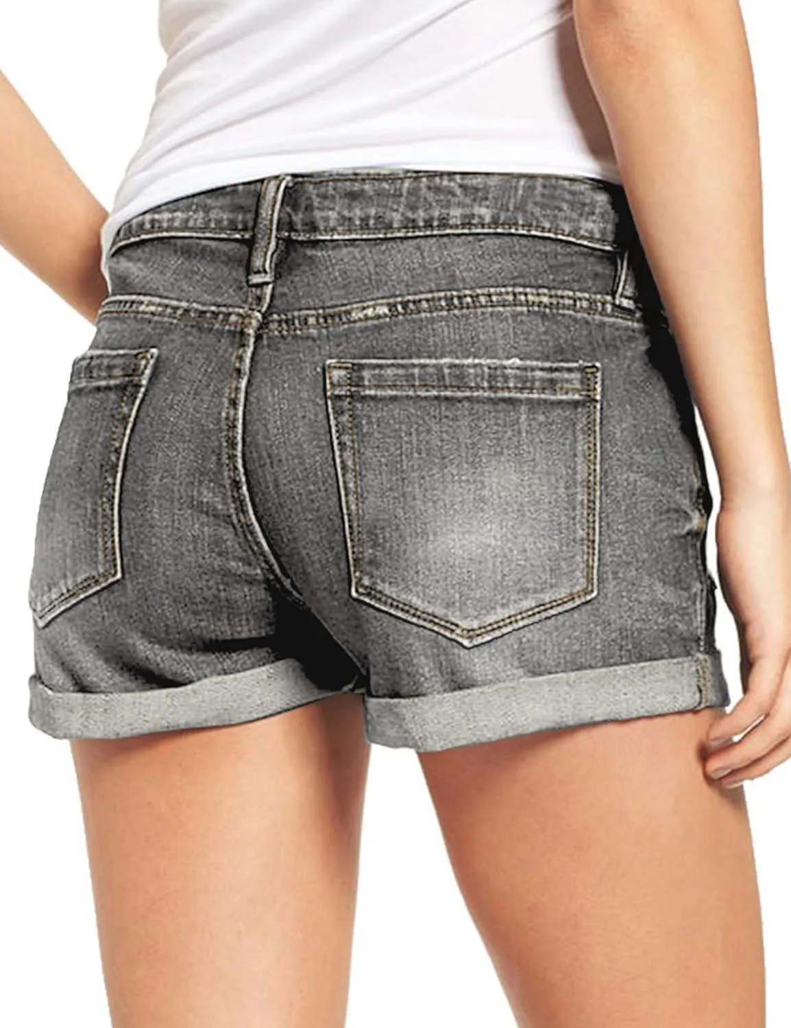 LookbookStore Women's High Waisted Rolled Hem Distressed Jeans Ripped Denim Shorts