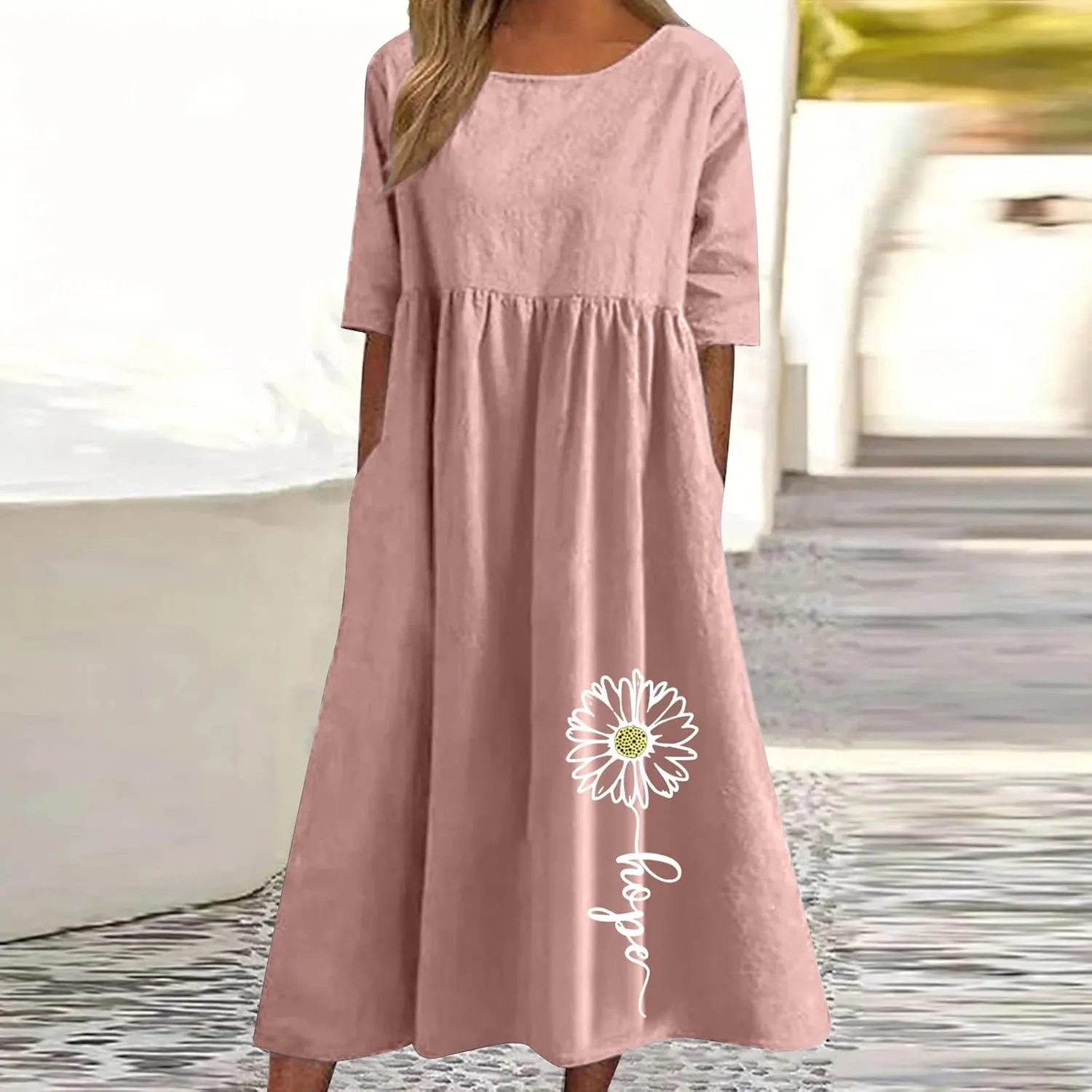 Loose Summer Cotton Linen Dress for Women Ruffle Hem Casual Dress 2025 Short Sleeve Cut Out Flowy Swing Long Dress