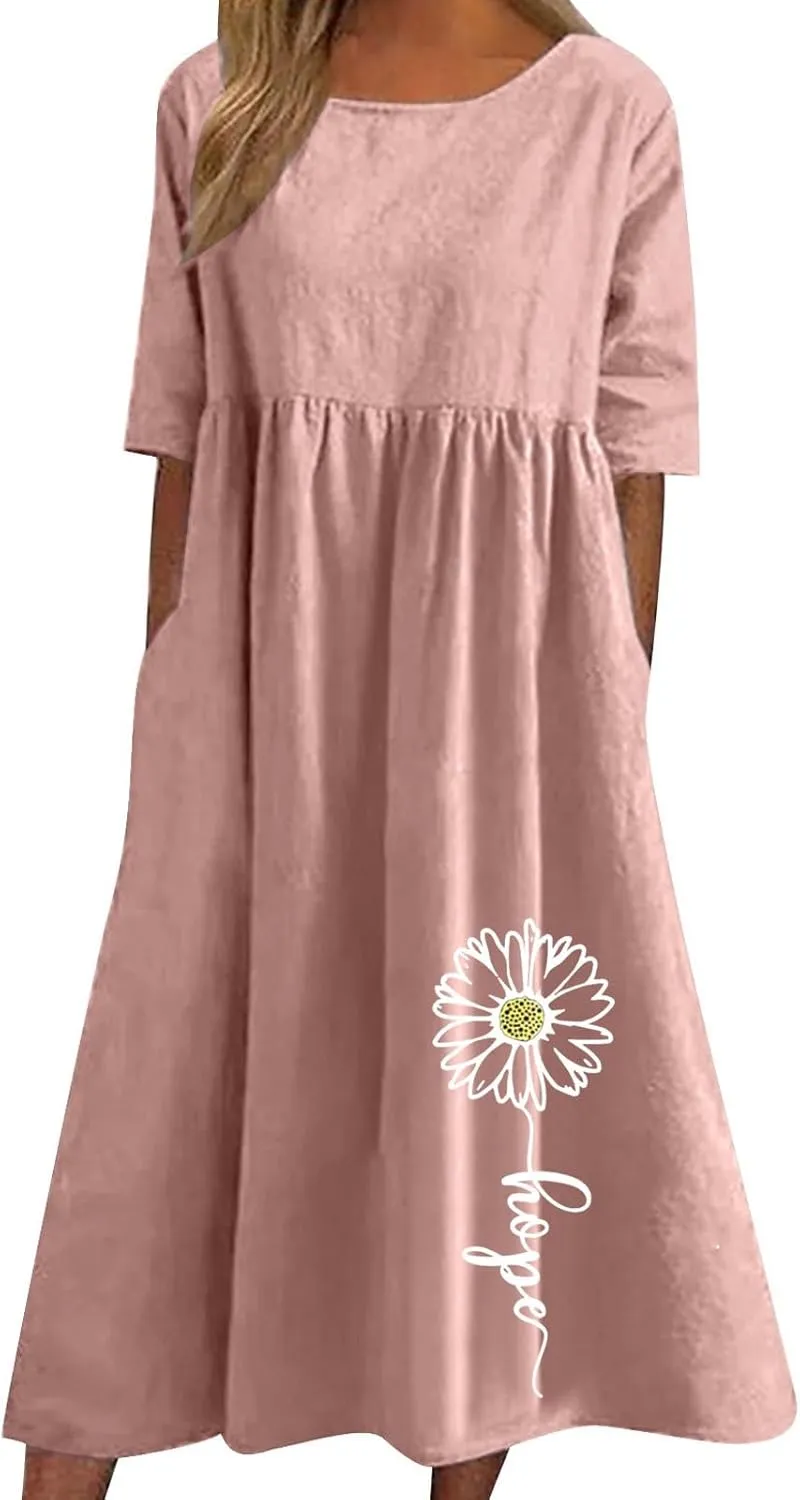 Loose Summer Cotton Linen Dress for Women Ruffle Hem Casual Dress 2025 Short Sleeve Cut Out Flowy Swing Long Dress