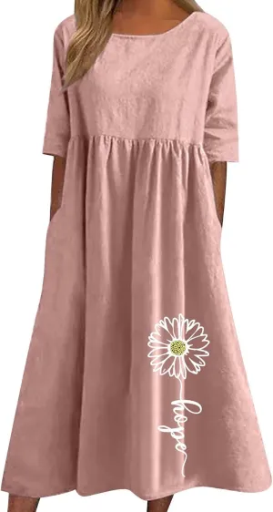 Loose Summer Cotton Linen Dress for Women Ruffle Hem Casual Dress 2025 Short Sleeve Cut Out Flowy Swing Long Dress