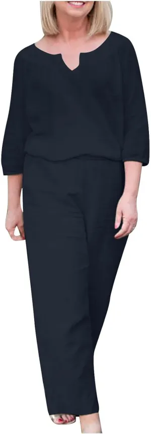 Lounge 2 Piece Outfits for Women Summer Linen Matching Set 3/4 Sleeve Tops and Wide Leg Long Pants Two Piece Sets