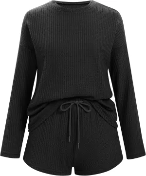 Lounge Sets for Women Comfy Waffle Pajamas Long Sleeve Top with Shorts Casual Matching Sets Clothing Sweat Suit