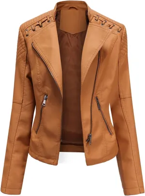 Lu's Chic Women's Motorcycle Jacket Fashion Dressy Vegan Leather Biker Coat Light Slim Fit Crop Blazer Moto Jacket