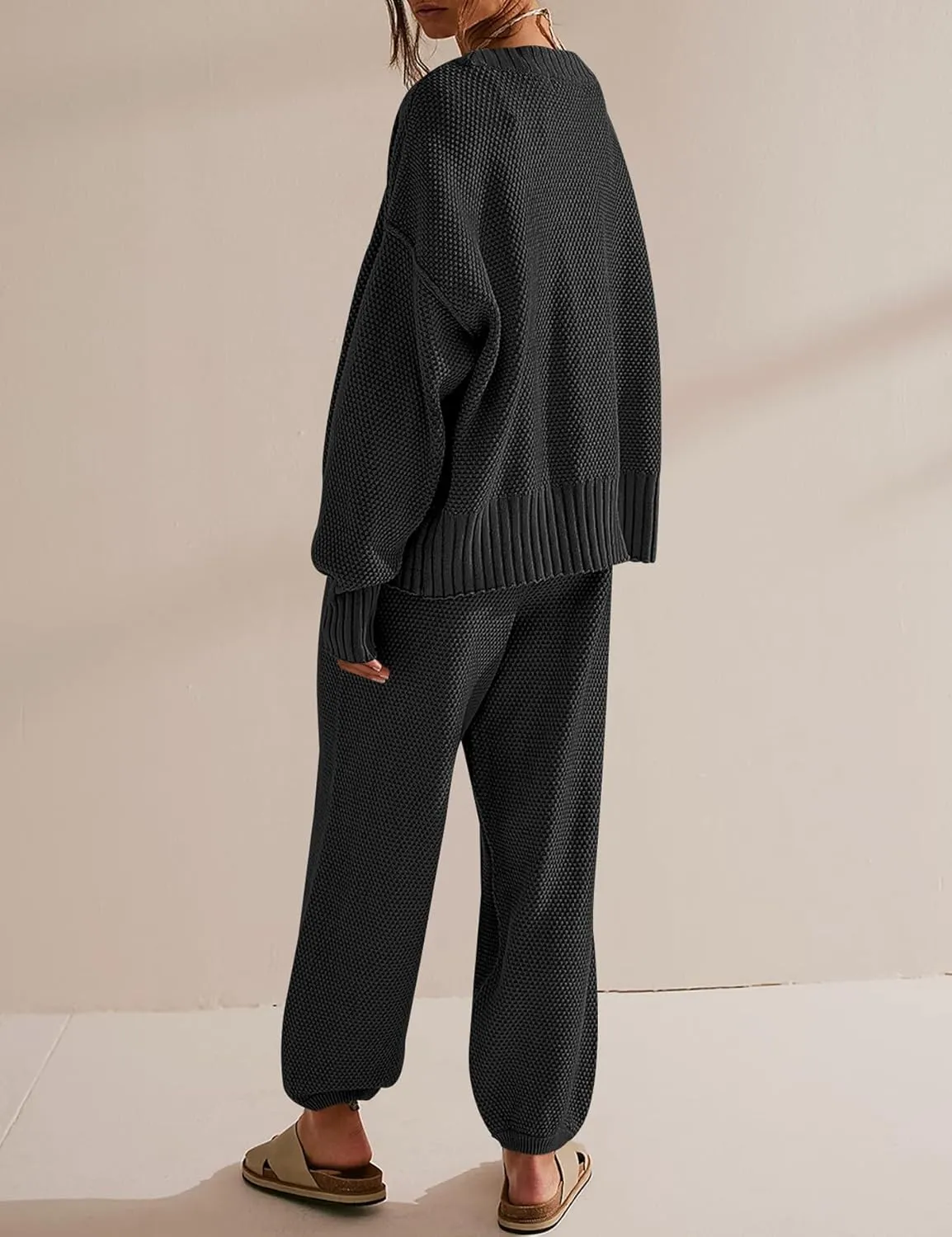Matching Lounge Sets for Women Waffle Knit Cardigan and High Waist Pants Sets Casual Loungewear Sweater Sets Fall