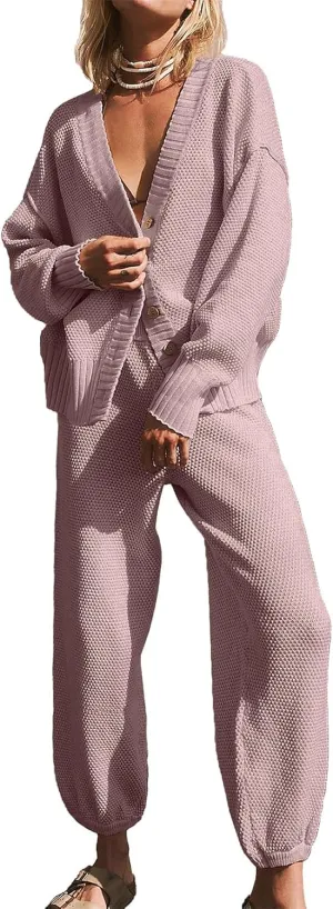 Matching Lounge Sets for Women Waffle Knit Cardigan and High Waist Pants Sets Casual Loungewear Sweater Sets Fall