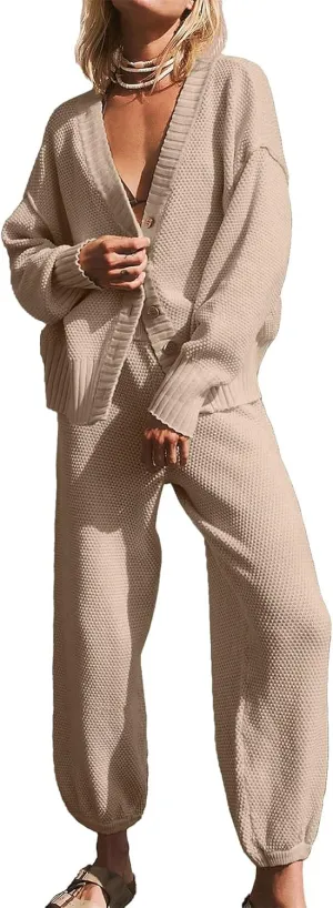 Matching Lounge Sets for Women Waffle Knit Cardigan and High Waist Pants Sets Casual Loungewear Sweater Sets Fall