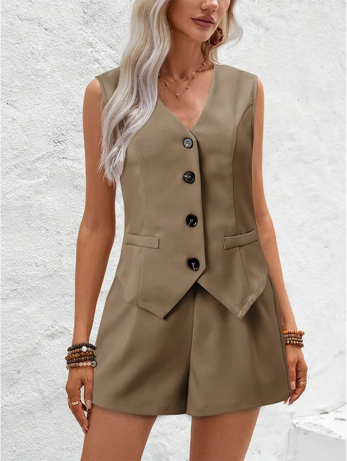Matching Sets Womens 2 Piece Outfits Button Down V Neck Vest Shorts Business Casual Dressy 2 Piece Clothes with Pockets