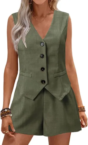 Matching Sets Womens 2 Piece Outfits Button Down V Neck Vest Shorts Business Casual Dressy 2 Piece Clothes with Pockets