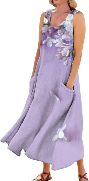 Maxi Dress for Women Cotton Linen Floral Print Casual Long Dress Flowy Sleeveless Round Neck Dresses with Pockets
